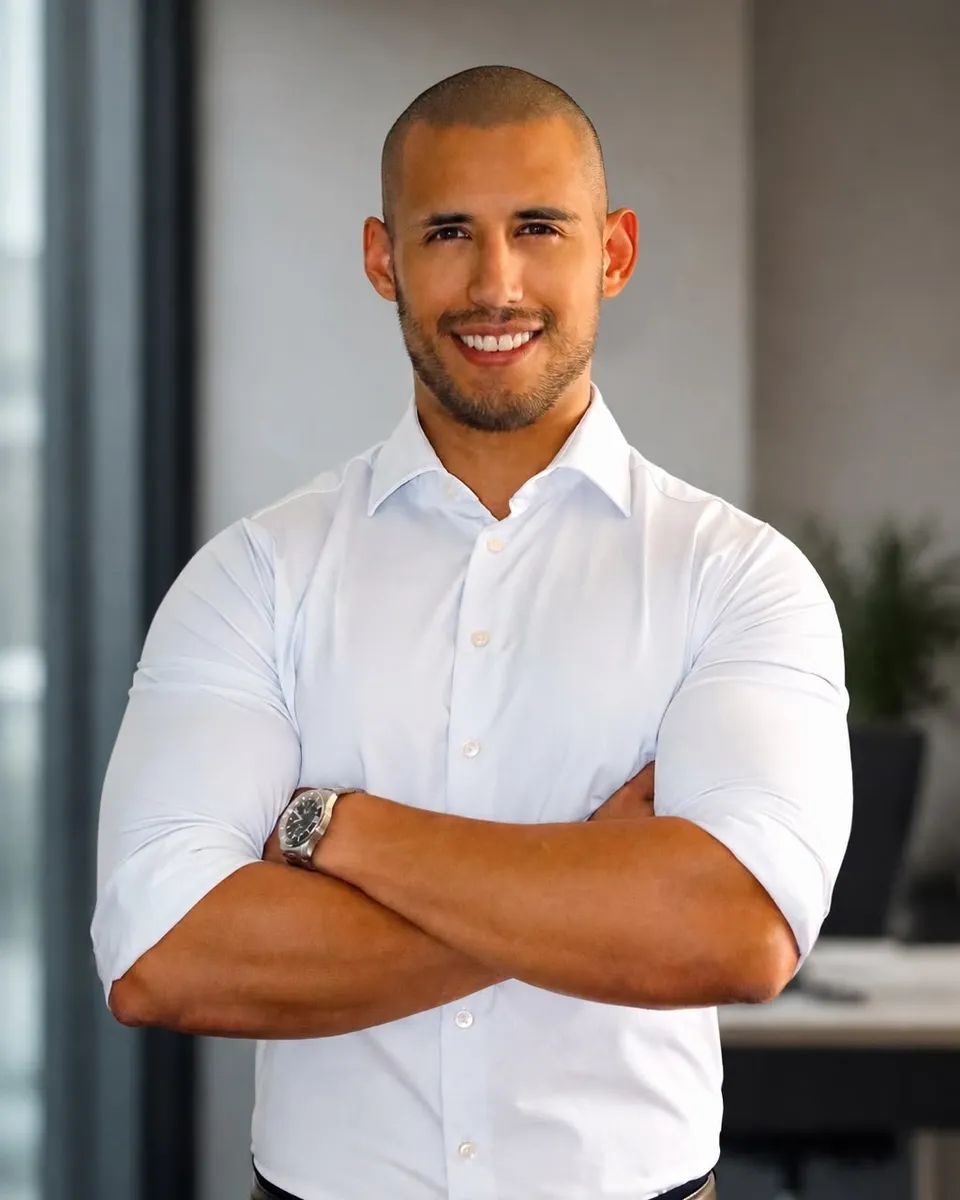 Bruno Serrano Trejo, professional headshot in a white shirt with arms crossed, smiling in a bright modern office